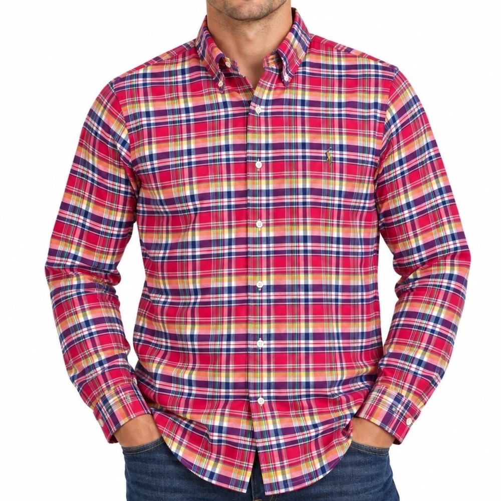 Ralph Lauren Shirt Mens L Multi Plaid Button Down Flesh Pony Logo Long Sleeve